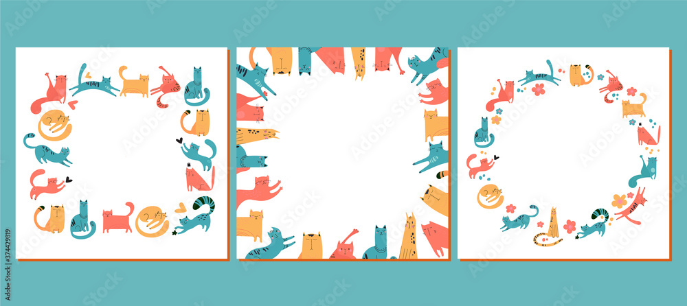 A set of frames with a cat print. Hand-drawn cats for print, textiles, t-shirts, posters. Vector pets of different colors. Frame design on a white background. Cute faces, mustaches, paws. Doodles