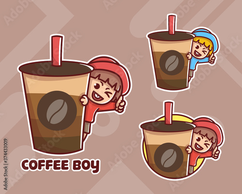 set of cute coffee boy mascot logo with optional appearance. premium kawaii vector