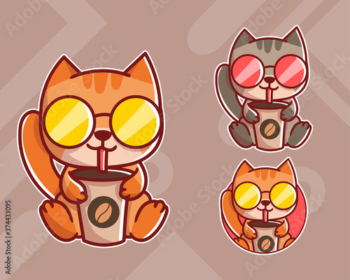 set of cute cat coffee mascot logo with optional appearance. premium kawaii vector