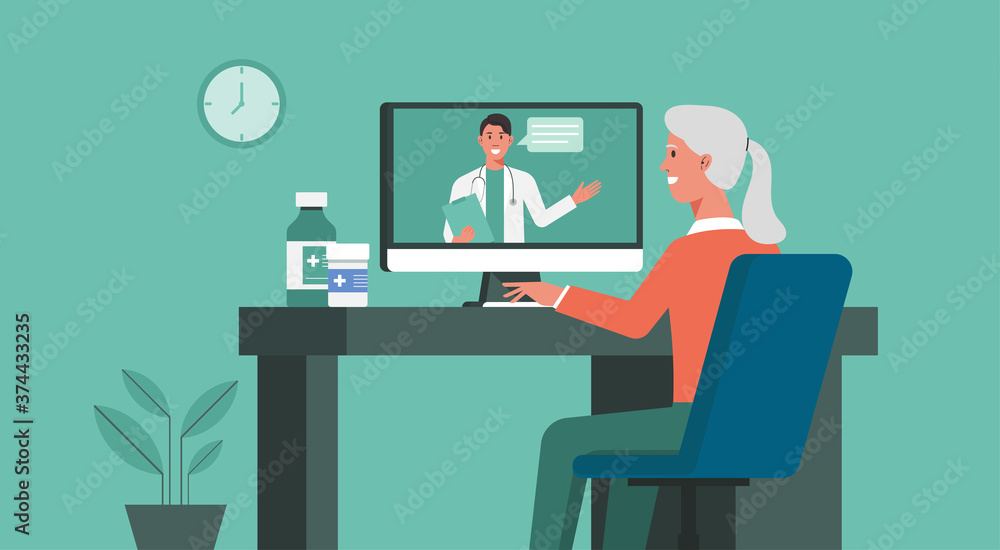 telemedicine, online healthcare and medical consultation and support services concept, senior woman using computer video call conferencing to doctor online, vector flat illustration telemedicine, online healthcare and medical consultation and support services concept, senior woman using computer video call conferencing to doctor online, vector flat illustration