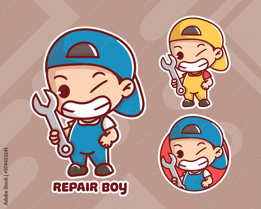set of cute repair boy mascot logo with optional appearance. premium kawaii vector