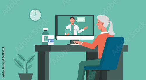 telemedicine, online healthcare and medical consultation and support services concept, senior woman using computer video call conferencing to doctor online, vector flat illustration