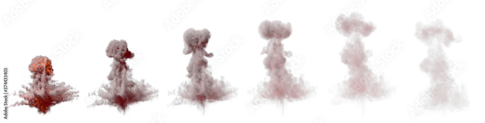 a lot images of large bomb explosion mushroom cloud with fire and burning isolated on white background - 3D illustration of objects