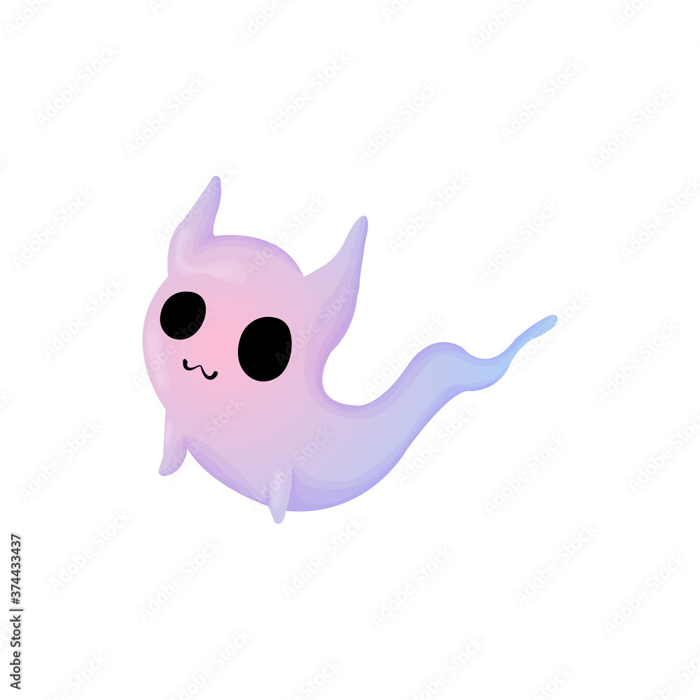 Funny Halloween Vector Illustration with Ghost Cat. Cute ghost with cat ears in purple and blue colors. Isolated on white background. Funny Halloween Vector Illustration with Ghost Cat. Cute ghost with cat ears in purple and blue colors. Isolated on white background.