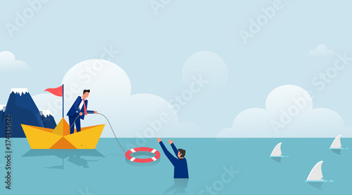 Business help other symbol with lifebuoys vector illustration. Bankruptcy and government bailout with businessman on paper boat and drowning man in life preserver.