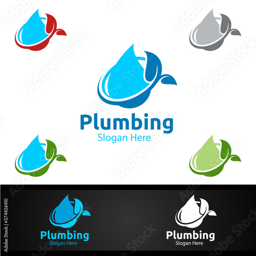 Fototapeta Naklejka Na Ścianę i Meble -  Eco Plumbing Logo with Water and Fix Home Concept