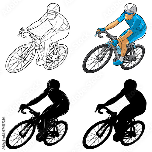The bicycle man picture is a set consisting of color images, line art, silhouette. Vector illustration oblique side view