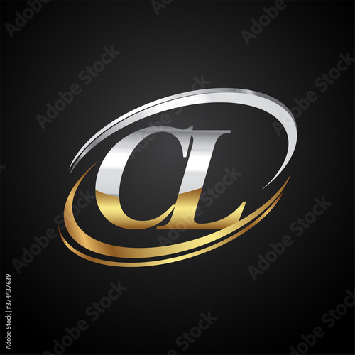 initial letter CL logotype company name colored gold and silver swoosh design. isolated on black background.