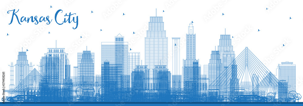 Outline Kansas City Missouri Skyline with Blue Buildings.