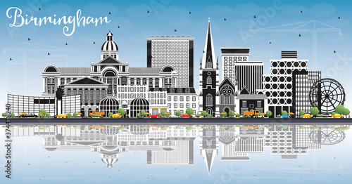 Birmingham UK City Skyline with Color Buildings, Blue Sky and Reflections.