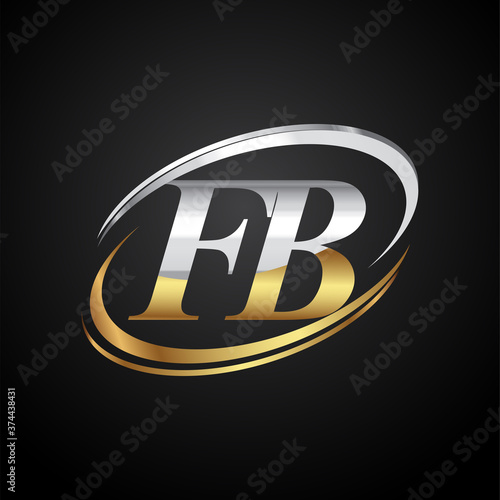 initial letter FB logotype company name colored gold and silver swoosh design. isolated on black background.