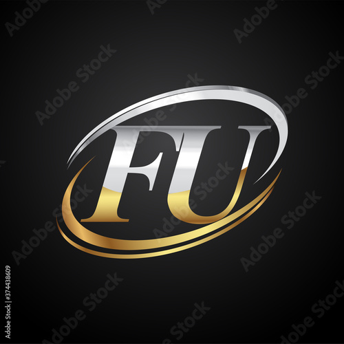 initial letter FU logotype company name colored gold and silver swoosh design. isolated on black background.