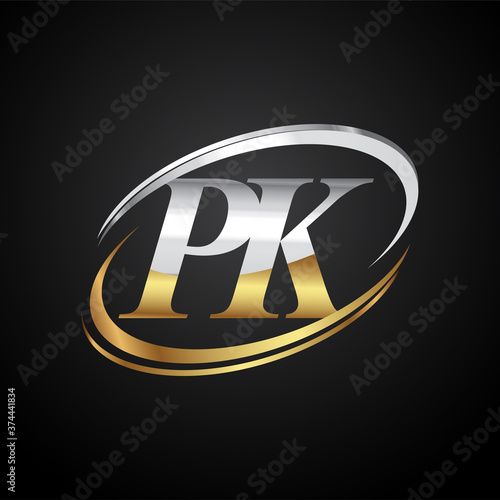 initial letter PK logotype company name colored gold and silver swoosh design. isolated on black background.