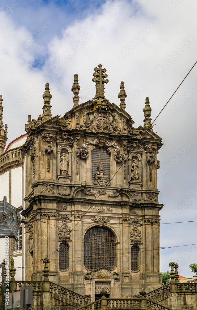 Ornate baroque facade of the Igreja dos Clerigos church in old town Porto, Portugal