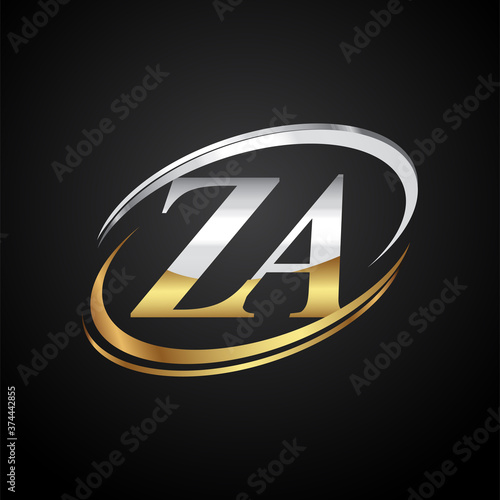 initial letter ZA logotype company name colored gold and silver swoosh design. isolated on black background. photo