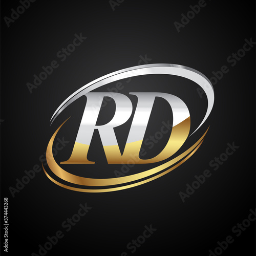 initial letter RD logotype company name colored gold and silver swoosh design. isolated on black background.