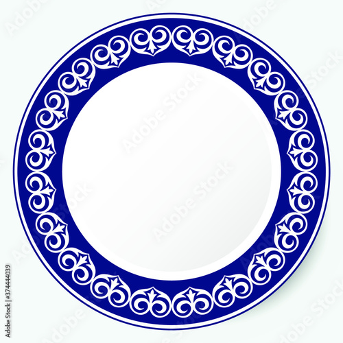 Circle frame, workpiece for your design. Ornamental elements and motifs of Kazakh, Kyrgyz, Uzbek, national Asian decor for plate, textile and print design. Round frame. Vector. 
