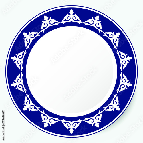 Circle frame, workpiece for your design. Ornamental elements and motifs of Kazakh, Kyrgyz, Uzbek, national Asian decor for plate, textile and print design. Round frame. Vector. 