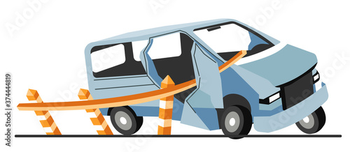 Car crash, damages vehicle collision with road limiter