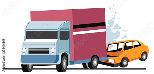 Traffic collision of lorry and car, accident on road