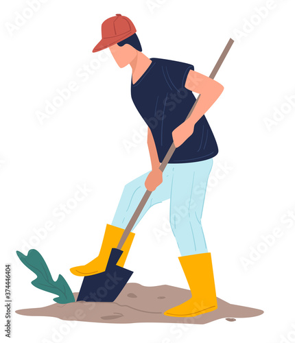 Male character digging holes in soil, agriculture and farming