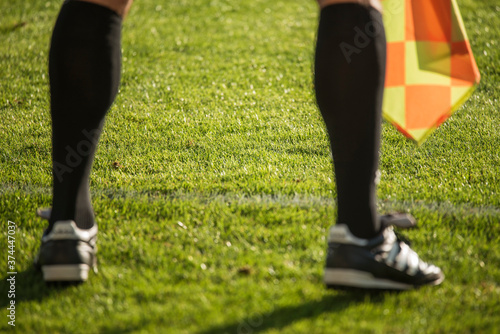 Grass on the soccer field - view between touchline referee's legs.