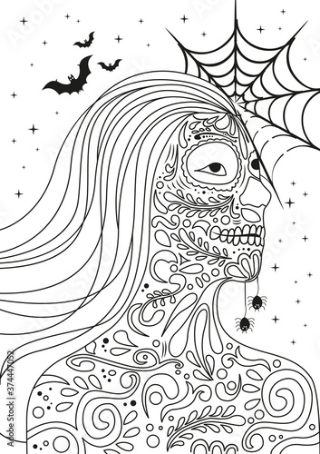 Coloring page for adults,Portrait of a young girl in Halloween or Day of the Death