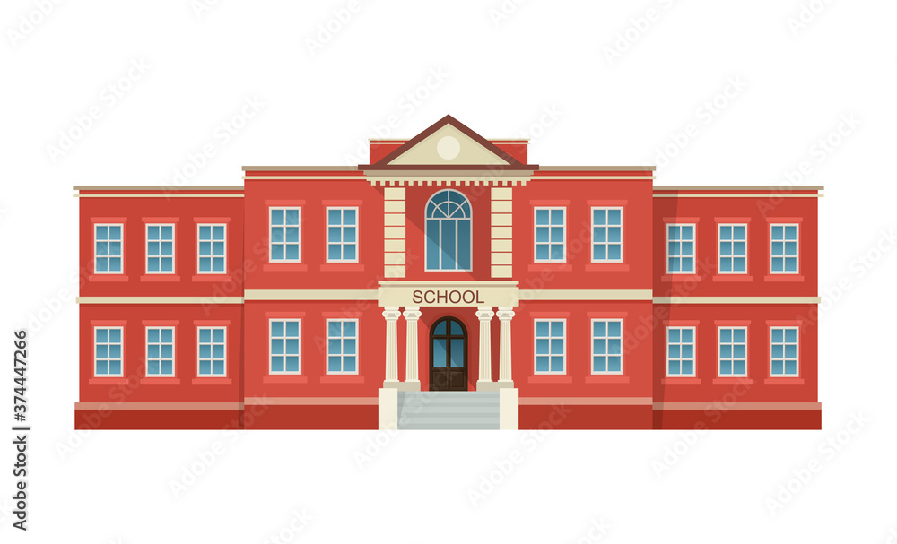 School building exterior. Public educational institution. Education concept. Vector illustration isolated on white background.