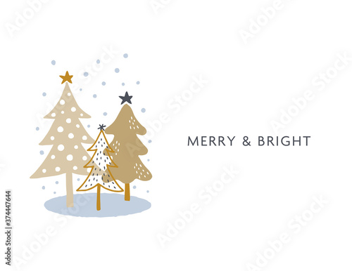 Holiday card design with hand drawn trees. Whimsical doodle style. Can be used for poster, wall decor, wall paper, flyer, and banner.