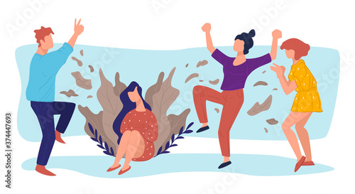 Partying college or university students, people celebrating holiday