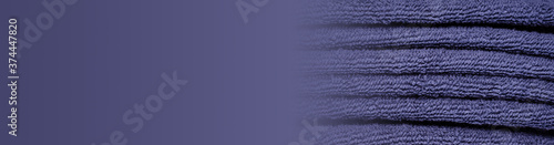 Blue towel fabric texture, top view photo, copy space background.