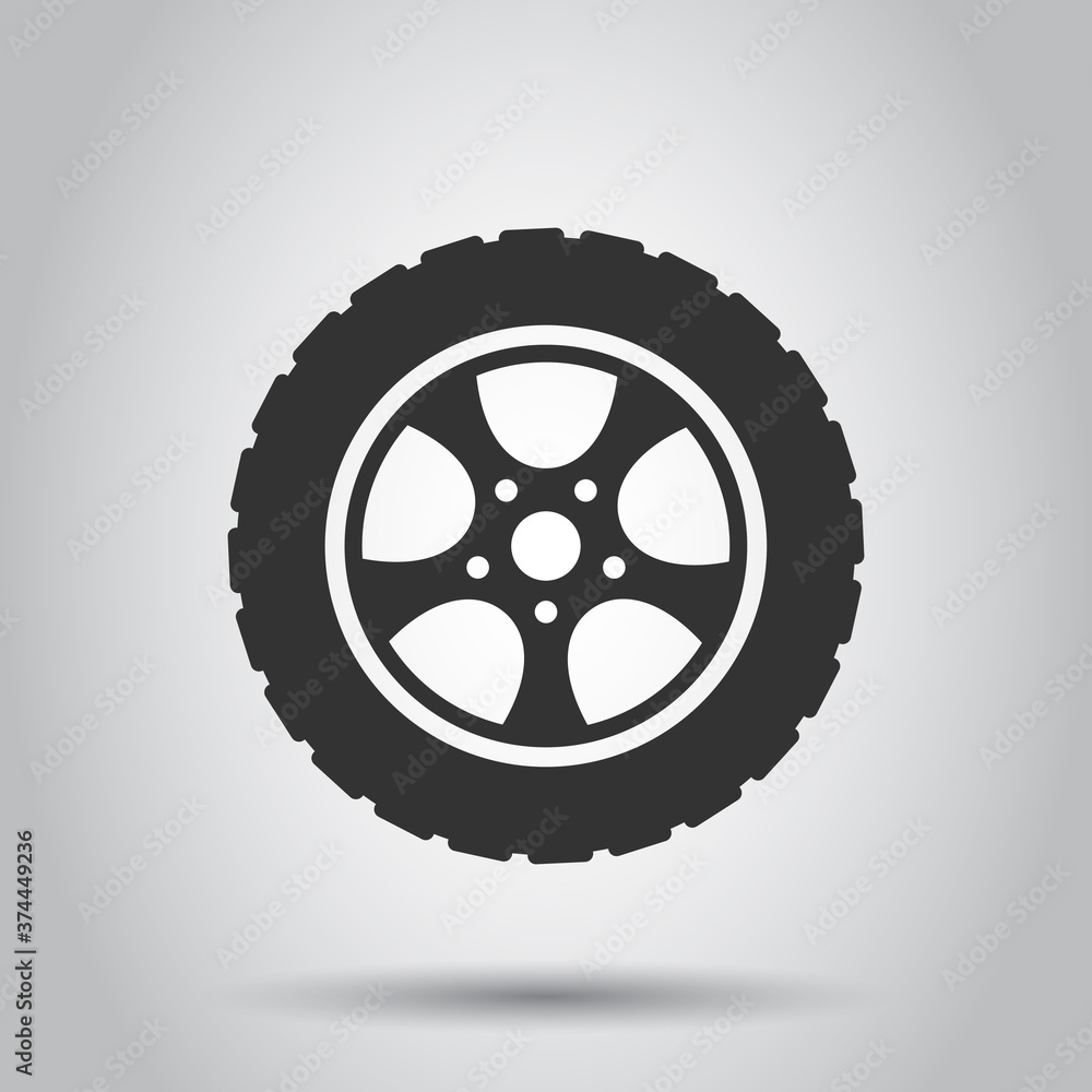 Car wheel icon in flat style. Vehicle part vector illustration on white isolated background. Tyre business concept. Car wheel icon in flat style. Vehicle part vector illustration on white isolated background. Tyre business concept.