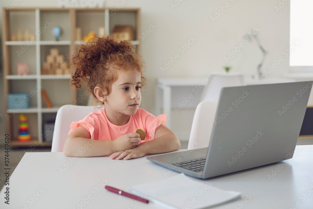 Small girl watching developing program online on laptop at home Small girl watching developing program online on laptop at home