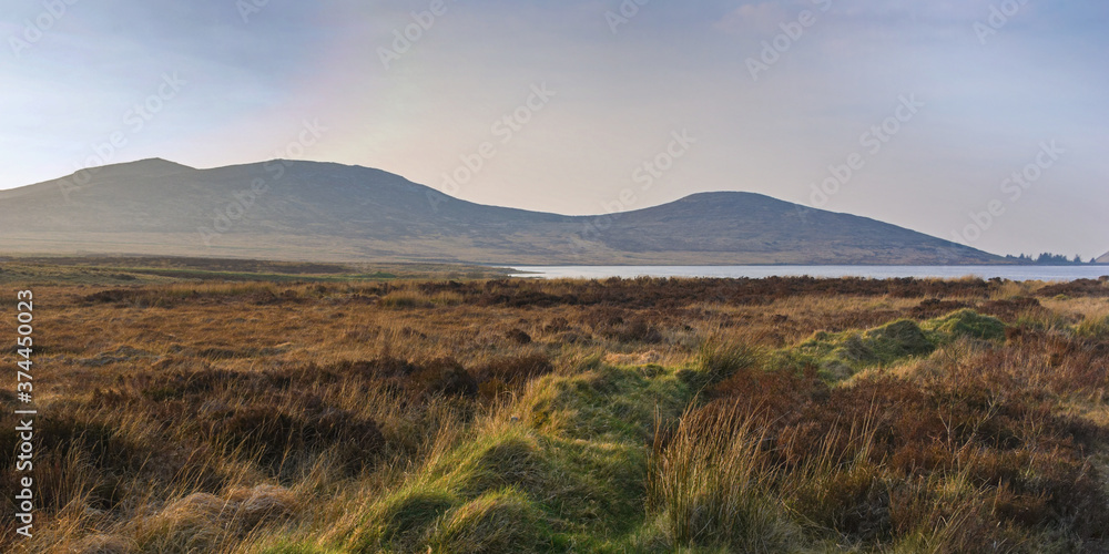 An evening glow lights up the bog and moorland of the Deer’s Meadow and Spelga reservoir high in the Mourne Mountains, County Down, Northern Ireland.