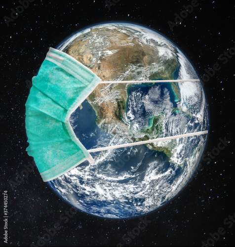 Planet Earth with face mask. Elements of this image furnished by NASA.