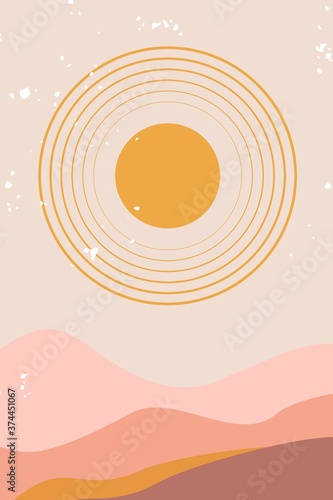 Abstract contemporary aesthetic background with desert, mountains, Sun. Earth tones, burnt orange, terracotta colors. Boho wall decor. Mid century modern minimalist art print. Organic shape Vector