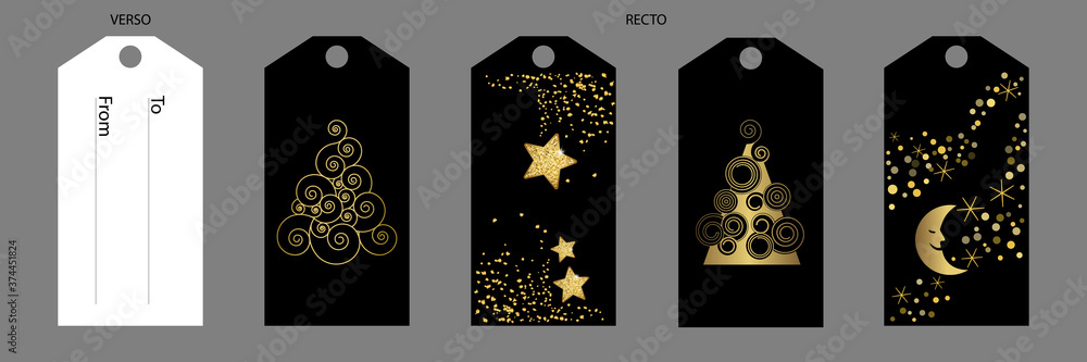 Elégante série d’étiquettes avec des dessins de Noël or sur fond noir, pour décorer et nommer le destinataire de vos cadeaux.