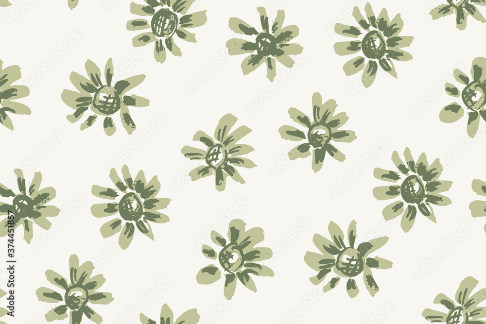 Simple daisy ink seamless vector pattern. Daisies in green with details in ink on white background. Simple cute floral repeat. Great for home decor, fabric, wallpaper, stationery, design projects.