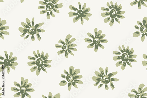Simple daisy ink seamless vector pattern. Daisies in green with details in ink on white background. Simple cute floral repeat. Great for home decor  fabric  wallpaper  stationery  design projects.