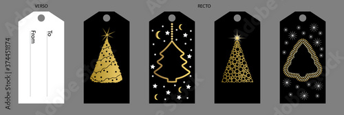 Série d’étiquettes avec différents dessins de sapin de Noël or sur fond noir, pour décorer et nommer le destinataire de vos cadeaux.