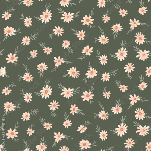 Pretty in pink floral seamless vector pattern. Sweet pink shaded hand painted flower with leaf branches on dull green background. Great for home decor, fabric, wallpaper, stationery, design projects.