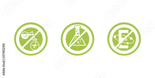 No preservatives, no additives, E number and dye free prohibition sign - green organic food stickers - set of vector icons (labels)