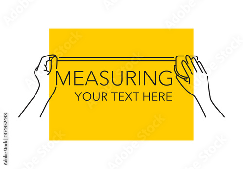Measuring service - drawn human hands makes measurements with measuring tape roulette - infographics template for presentation, banner or poster