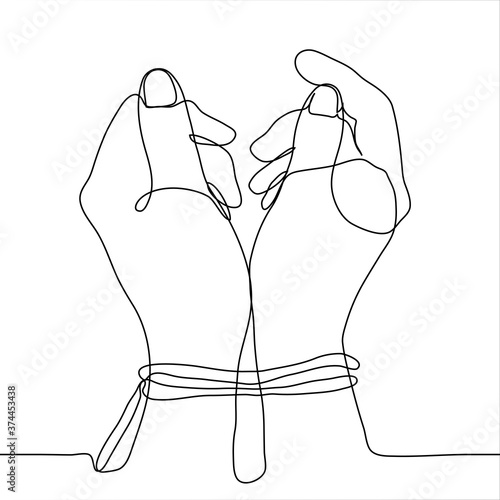 female hands tied with a rope on the wrists. one continuous line drawing concept of a prisoner in captivity, disability, loss of freedom, sit in prison, bird in a cage