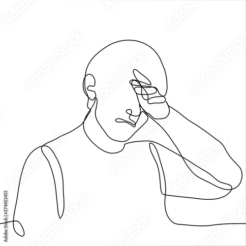 portrait of a man who cries heavily and wipes away his tears with his left hand. One continuous line art man crying / sobbing / whining
