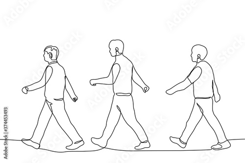 three men in full height walk one after another in wide strides in one line. One continuous line drawing of a formation of marching men crossing the road.