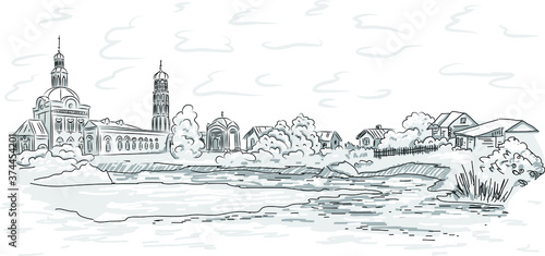 Russian village in summer with an old church. A sketch of a village temple in a graphic style. Summer vacation in the village. Pond and plants. Bell tower and domes