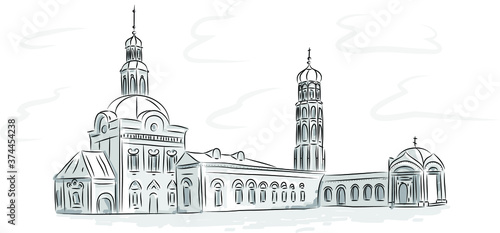 An old church in a Russian village with domes and a bell tower. Made in a graphic style. Temple sketch