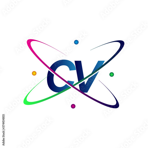 initial letter CV logotype science icon colored blue, red, green and yellow swoosh design. vector logo for business and company identity.