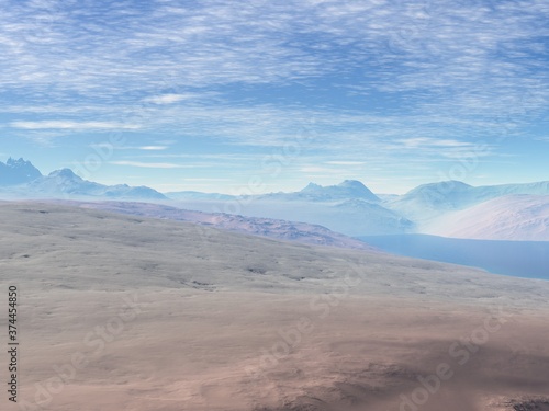 3D illustration of a blue sky landscape with mountains and sea 
